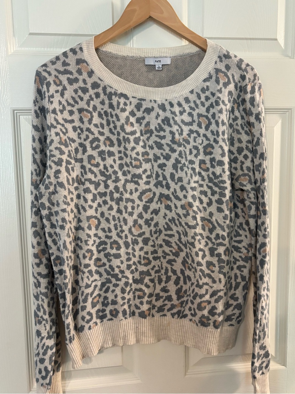 Fate Neutral Leopard-Print Crewneck Sweater in Cream, Gray & Tan